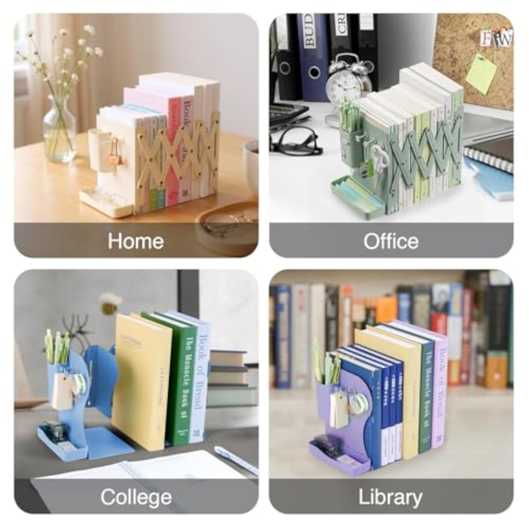 Expandable Metal Bookend with Pen Holder, 3 Compartments